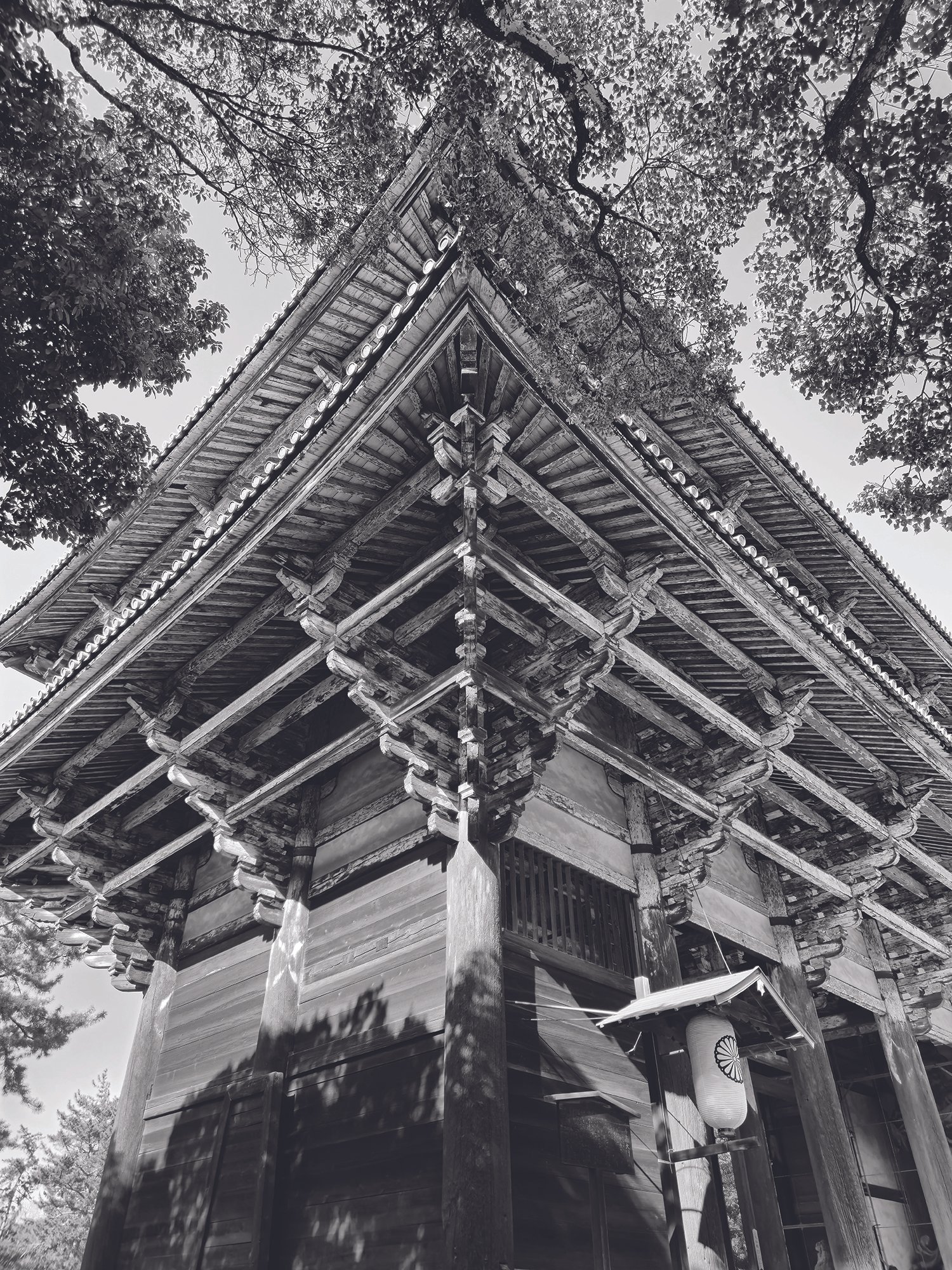 Black and white photograph of a traditional Japanese wooden building with intricate architecture, surrounded by trees with dense foliage. A paper lantern with a floral design hangs near the corner of the structure.