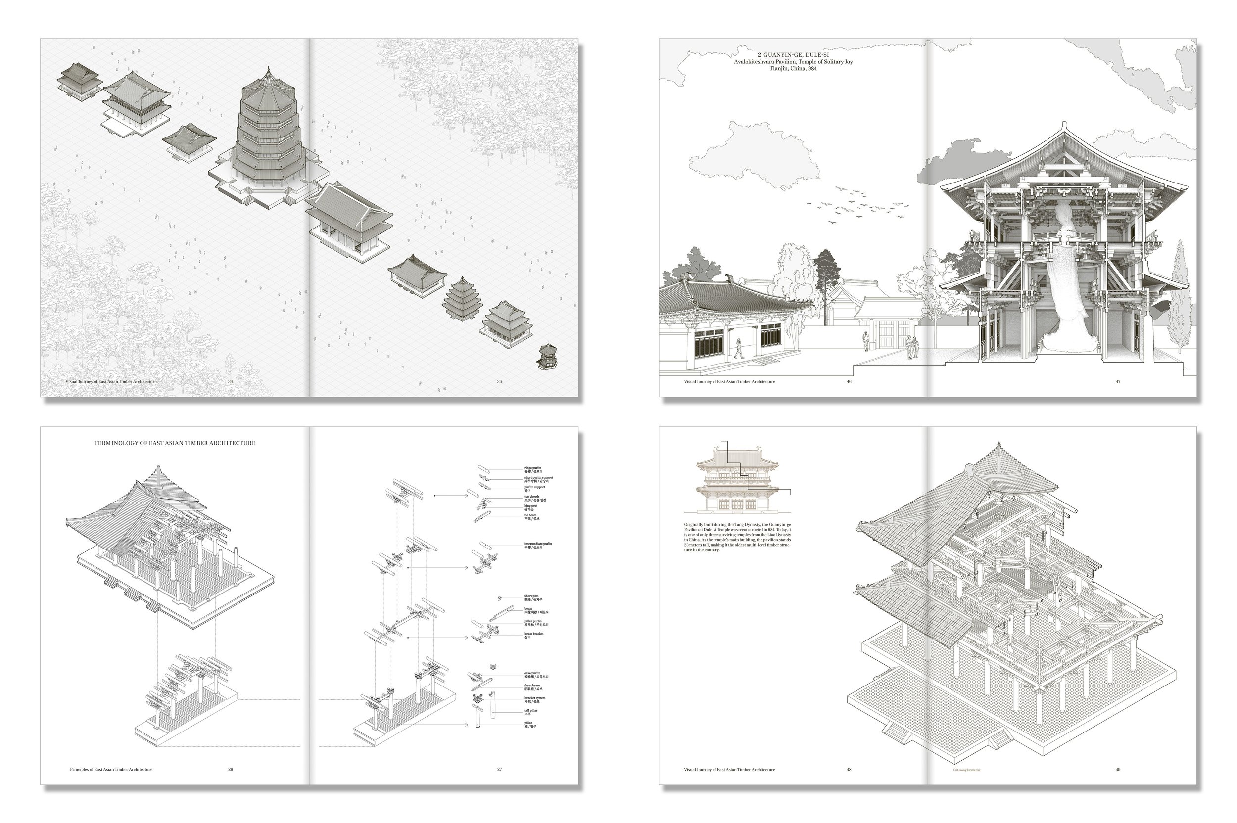 Blueprints and architectural drawings of East Asian timber architecture, including pagodas and traditional buildings with detailed structural diagrams.