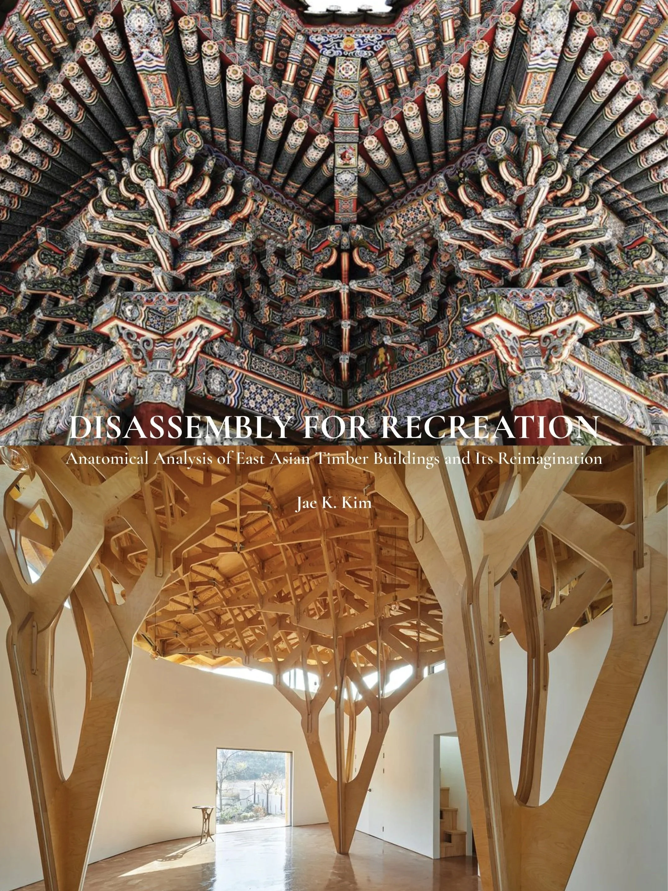 Interior view of a timber building with intricate wooden structural support beams and a patterned ceiling, featuring a large window letting in natural light.