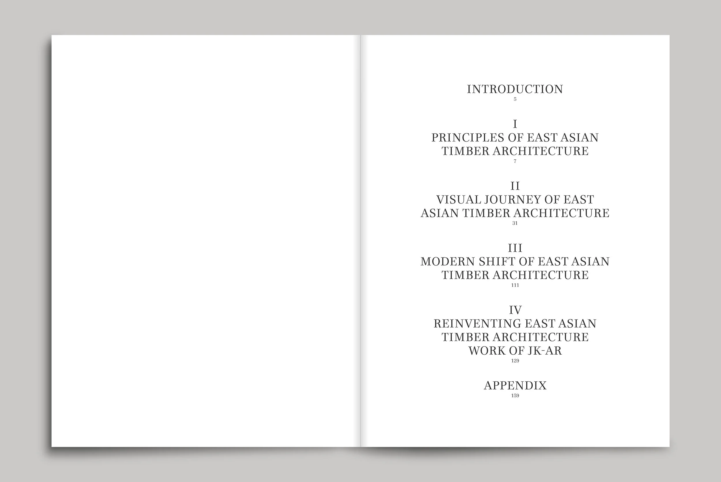 Open book showing the table of contents with chapters on East Asian timber architecture, visual journey, modern shift, reinvention, and an appendix.