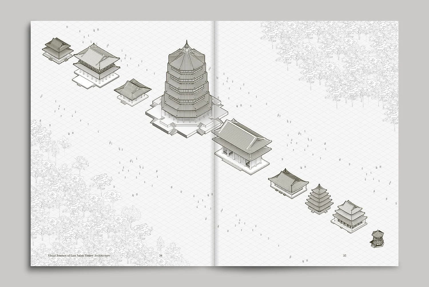 Illustration of East Asian timber architecture with multiple pagoda-style buildings arranged from left to right, including a tall multi-tiered pagoda in the center and smaller structures, with some trees in the background.