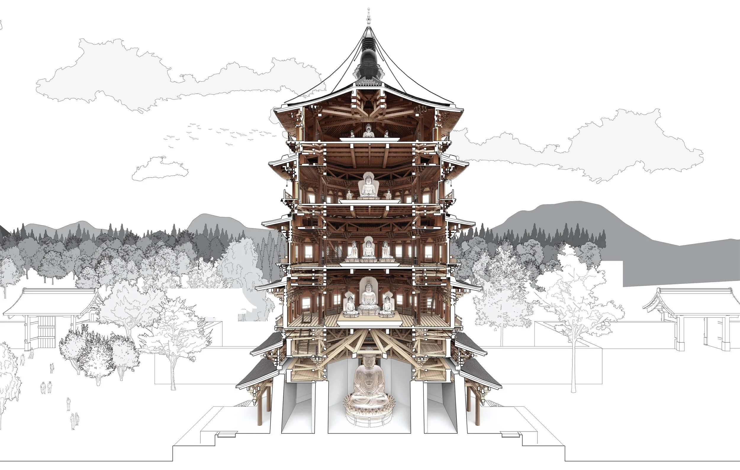 Cross-section of a multi-tiered traditional Japanese pagoda showcasing detailed wooden architecture, internal statues of Buddha on each level, with background outlines of trees and mountains.