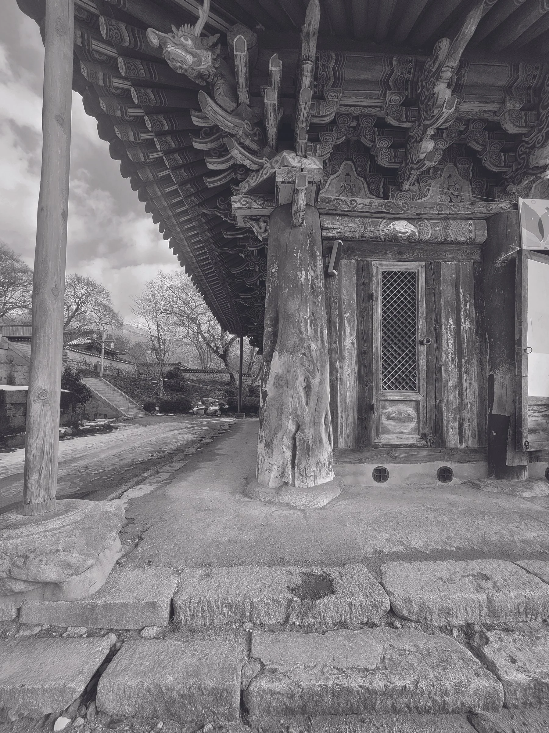 A traditional wooden Japanese building with intricate carvings and a dragon sculpture on the roof. The scene includes stone steps and trees in the background, captured in black and white.