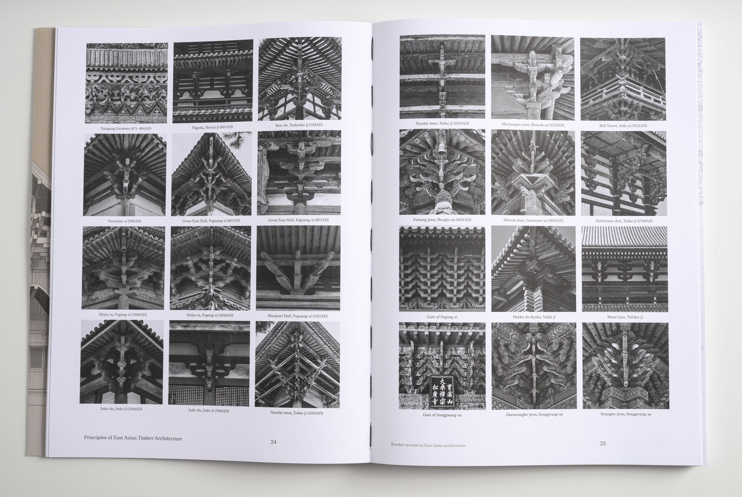 Open book showing black and white photographs of traditional East Asian timber architecture, including rooftops, eaves, and brackets, with labels indicating different historical sites and periods.