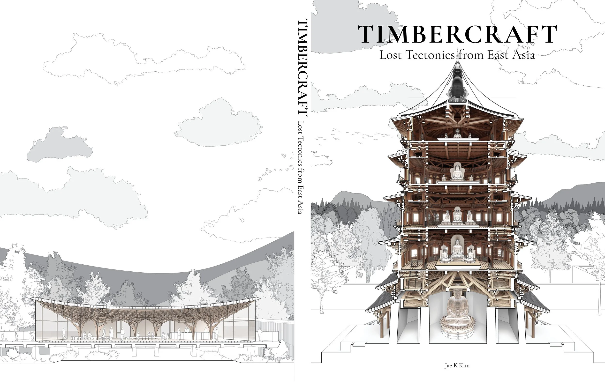 Book cover titled 'Timbercraft: Lost Tectonics from East Asia' featuring an architectural illustration of a traditional wooden multi-tiered pagoda building with Buddha statues inside, set against a background of a mountain landscape and trees.