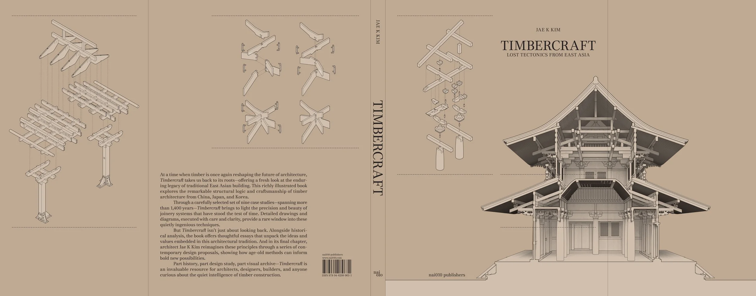 The cover of the book "Timbercraft," featuring architectural drawings of traditional East Asian timber structures. The right side shows an elaborate multi-tiered wooden building, and the left side displays exploded views of timber joinery components.