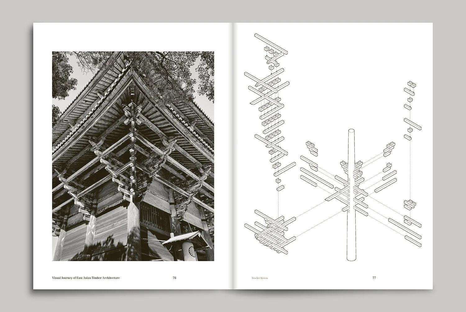 Open book showing a black and white photo of East Asian timber architecture on the left page and a technical drawing of a bracket system on the right page.