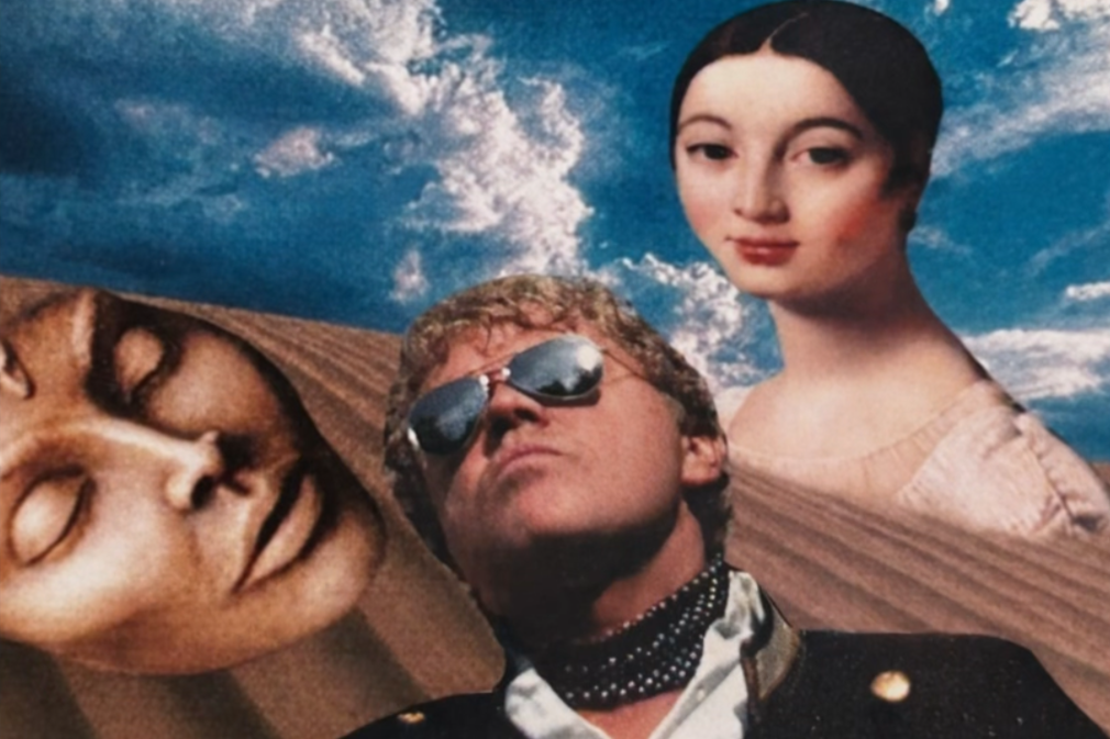 Collage of three oversized, cutout images of people's faces against a background of a blue sky with clouds.