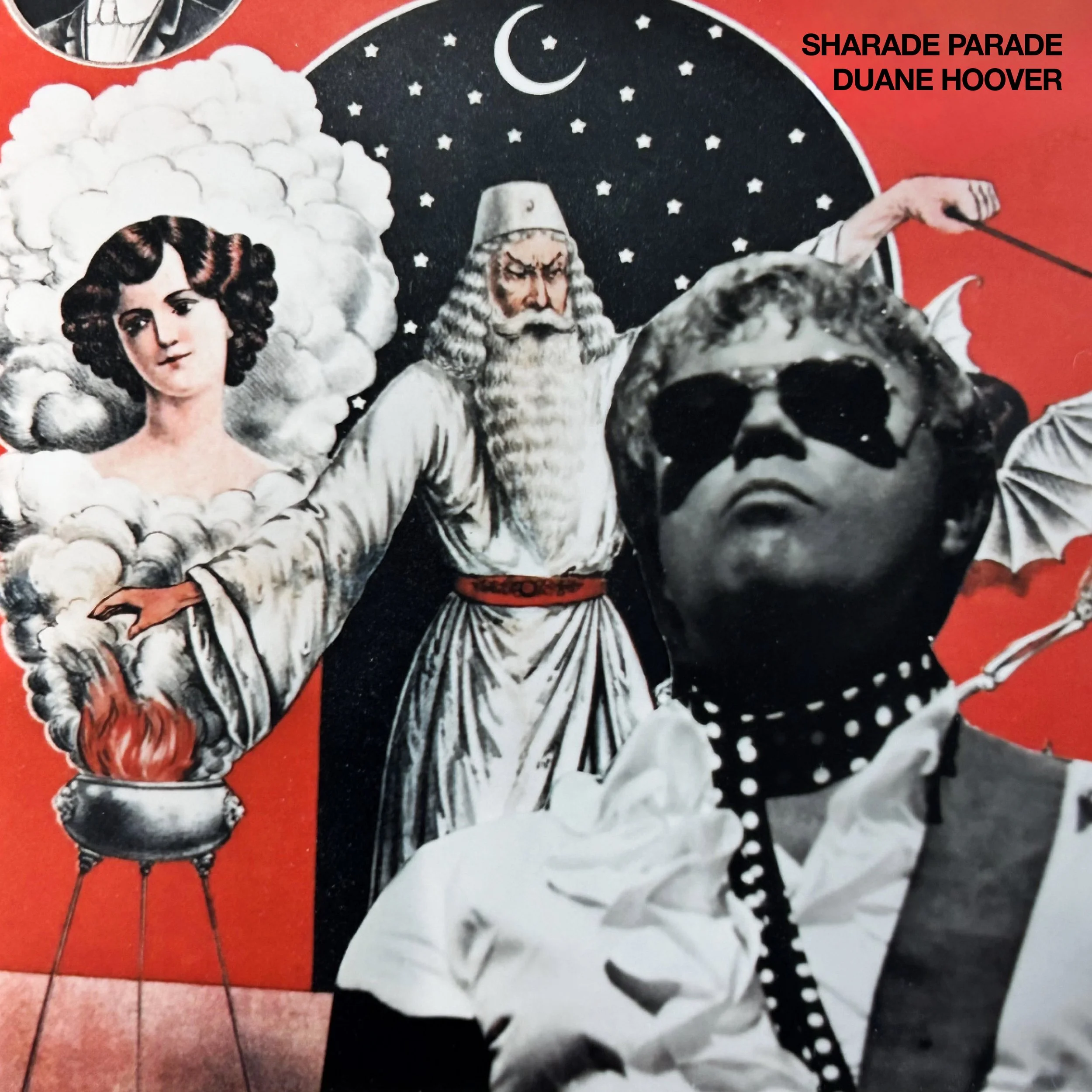 A vintage poster advertising a parade featuring a young woman dressed as a cloud, a man dressed as a snow artist, and other figures. The background is black with white stars and a crescent moon, and red banner text reads 'SHARADE PARADE DUANE HOOVER'.