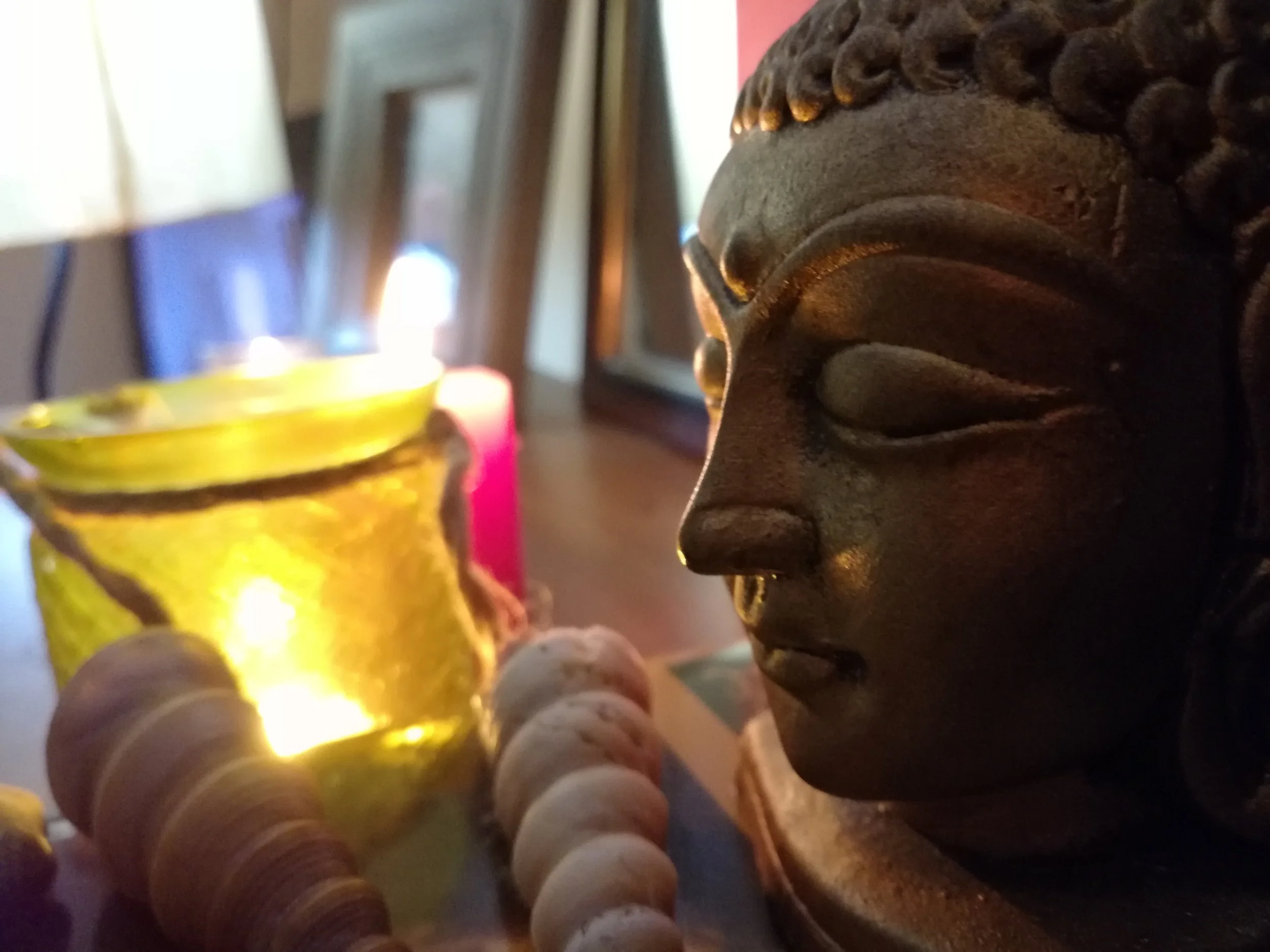 Close-up of a Buddha or statue head with curly hair, facing right, with a blurred aquarium or decorative object in the background.