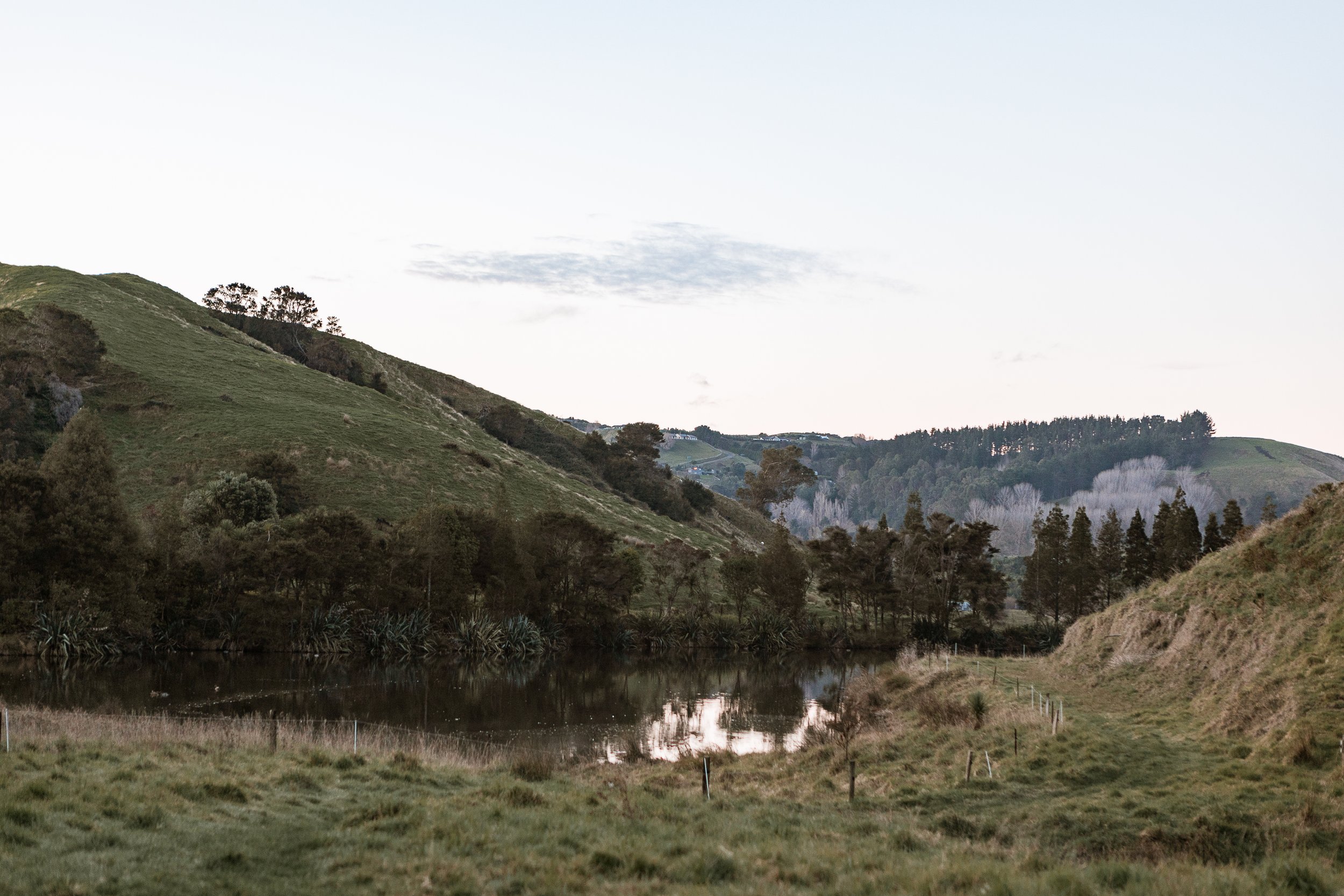 Scenic view of green rolling hills with trees and a calm river reflecting the landscape, under a mostly clear sky with a few clouds.