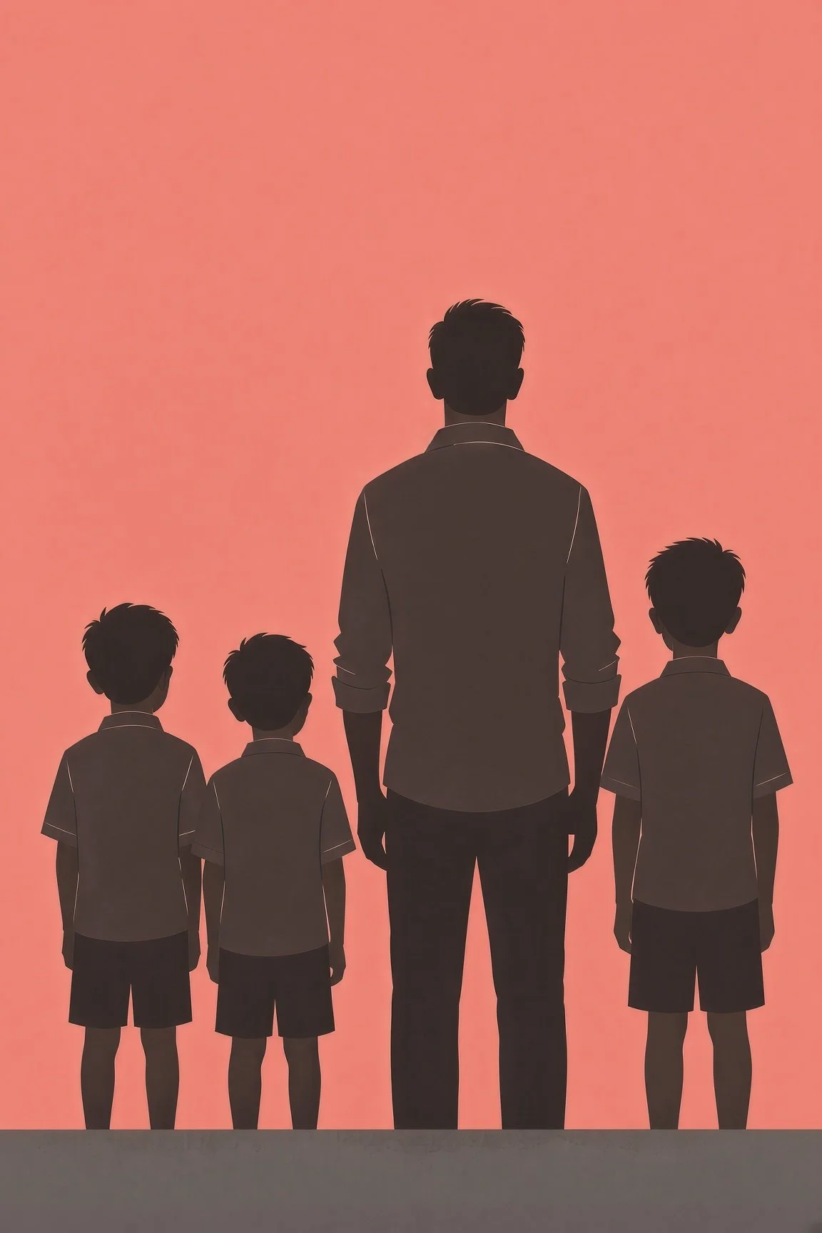 Silhouette of a man and four boys standing and looking at a pink sky.