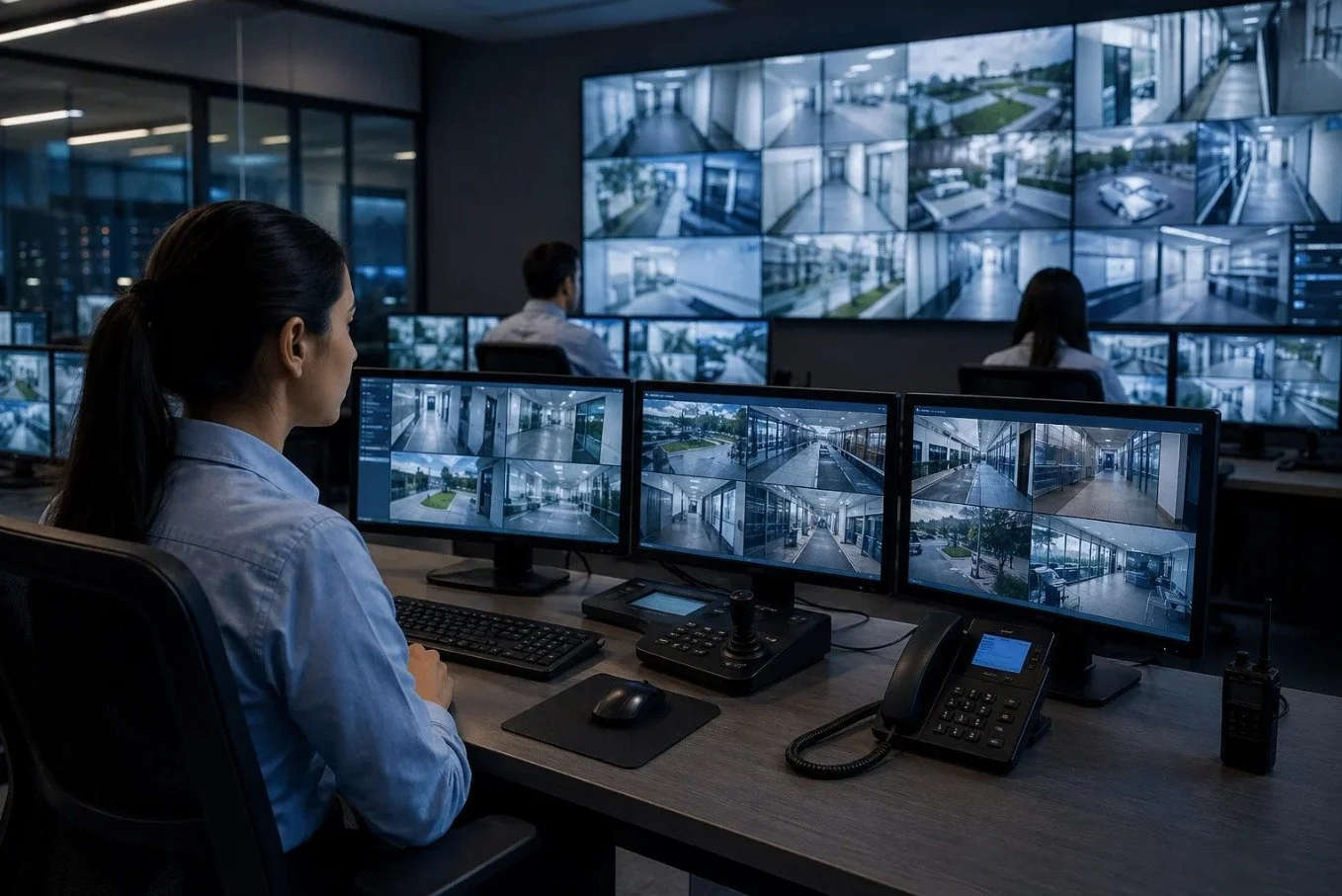 Controlador de vigilancia supervisando monitores con cámaras de seguridad en una sala de videovigilancia moderna.