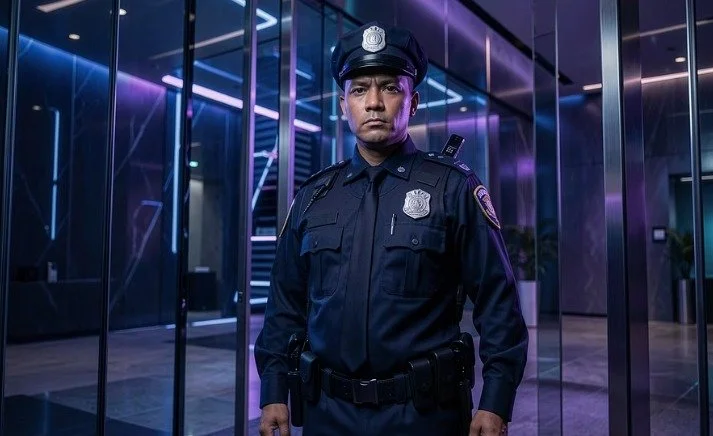 Agente policial de pie en un vestíbulo moderno con iluminación azul y paredes de vidrio