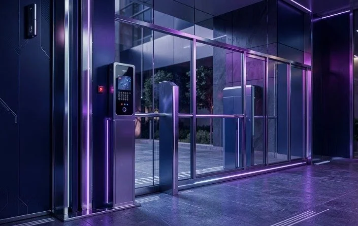 Puerta de acceso con sistema de control de acceso digital y luces violetas en un edificio moderno.