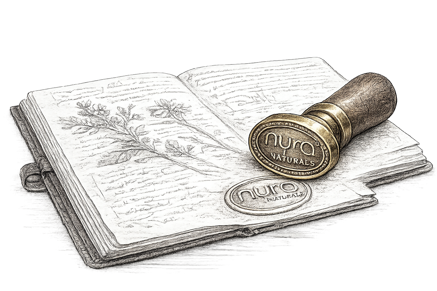 Sketchbook with botanical drawings and a Nyra Naturals brand stamp.
