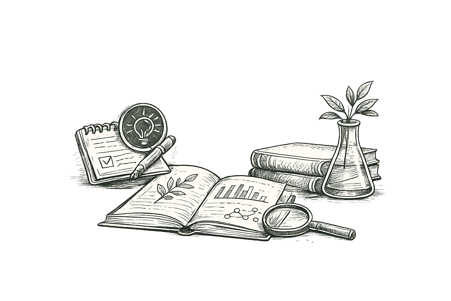 Hand-drawn illustration of books, research notes, diagrams and a magnifying glass.