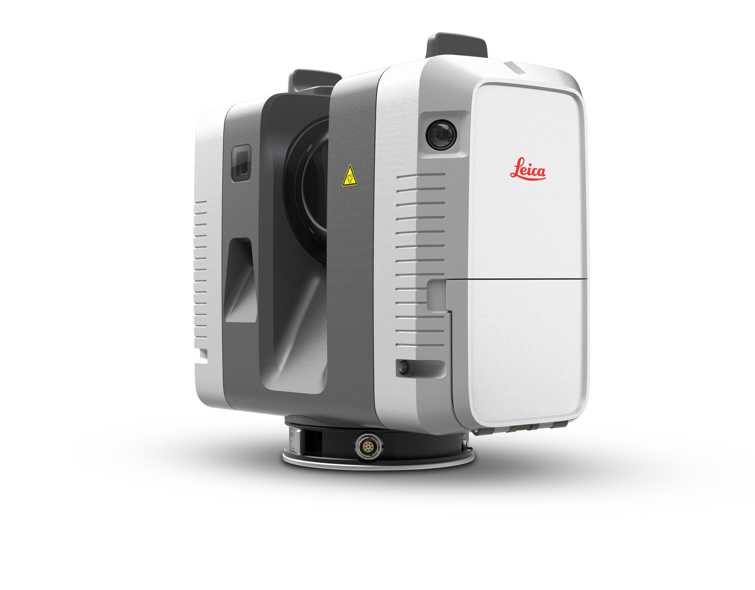A modern Leica camera with a white body, black lens, and yellow caution sticker, mounted on a swivel base, against a black background.