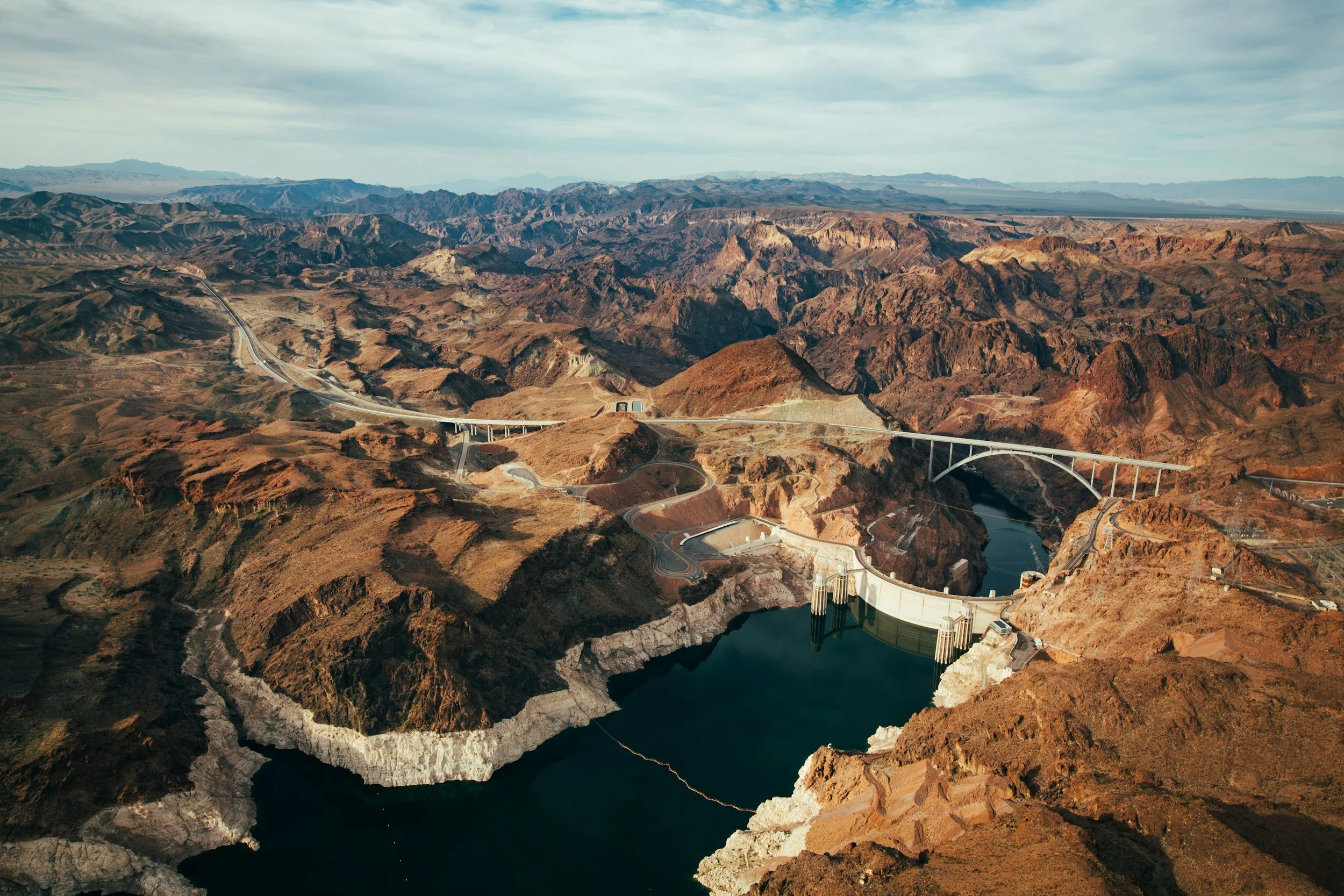 Aerial view of dam and infrastructure site