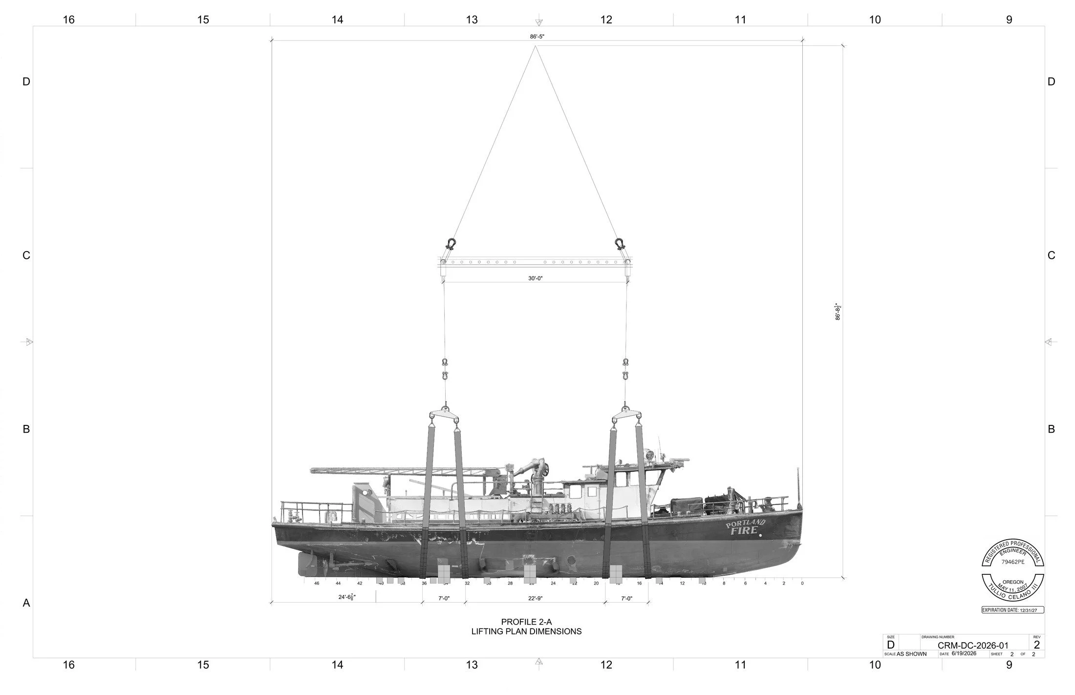 Technical drawing of a fireboat named Portland Fire with detailed measurements for lifting plan dimensions.