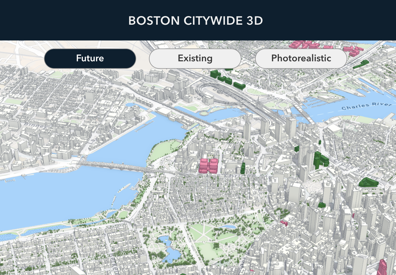 3D map of Boston citywide, showing future, existing, and photorealistic development areas across the city with key landmarks and water bodies like the Charles River.