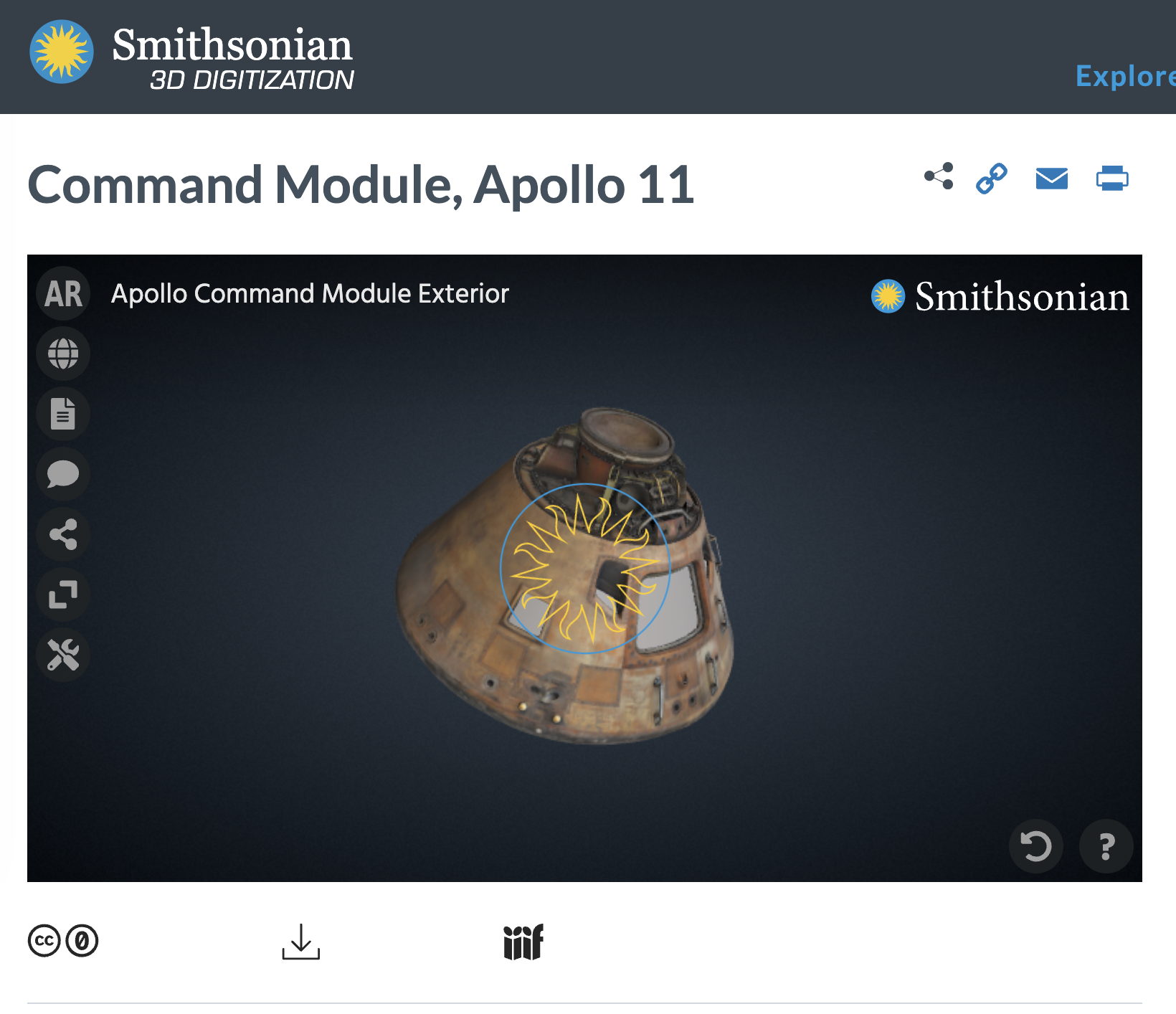 3D digital model of the Apollo 11 command module exterior with a highlighted circular area on the top.