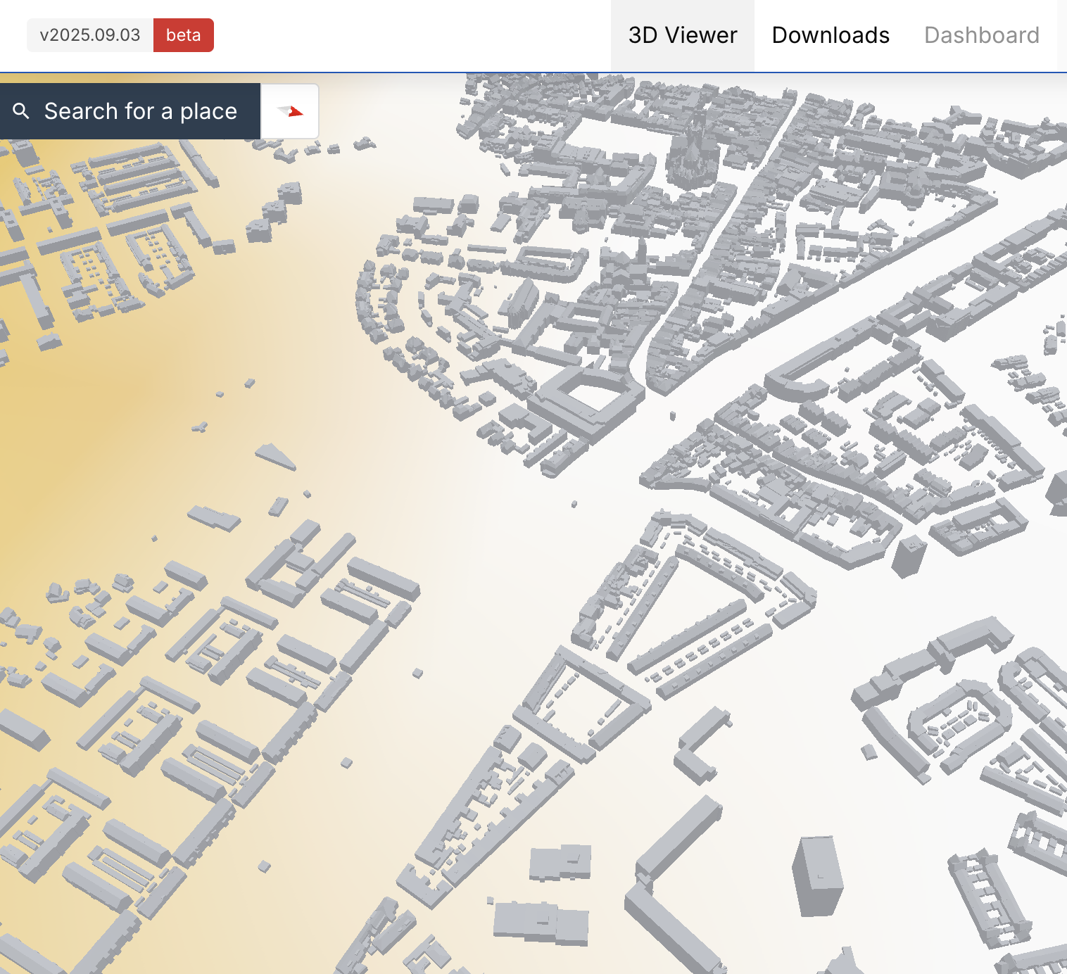 A computer screenshot showing a 3D map of a city with building outlines and streets, with search bar and menu options at the top.