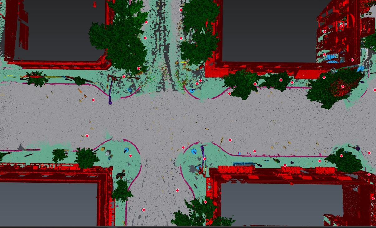 Cyclone 3DR classified point cloud of a downtown Bend street intersection, showing buildings in red, trees in green, and ground surfaces in gray