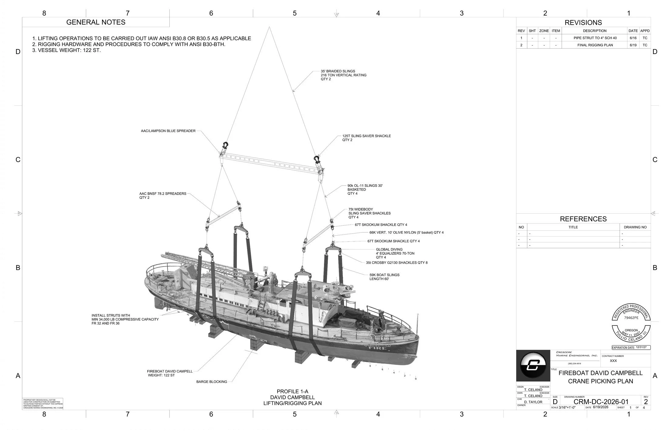 Detailed engineering drawing of a fireboat named David Campbell with crane picking plan, including notes, specifications, and component labels.