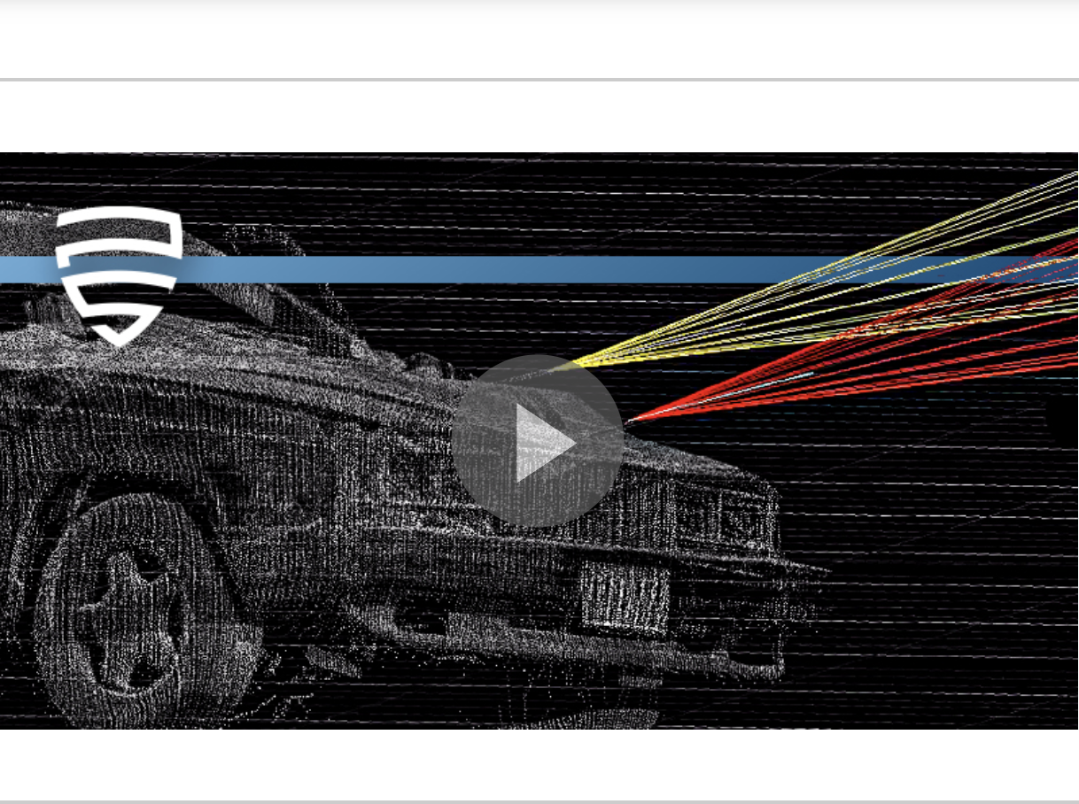Digital illustration of a car emitting colorful laser beams with a shield icon and a play button in the center.