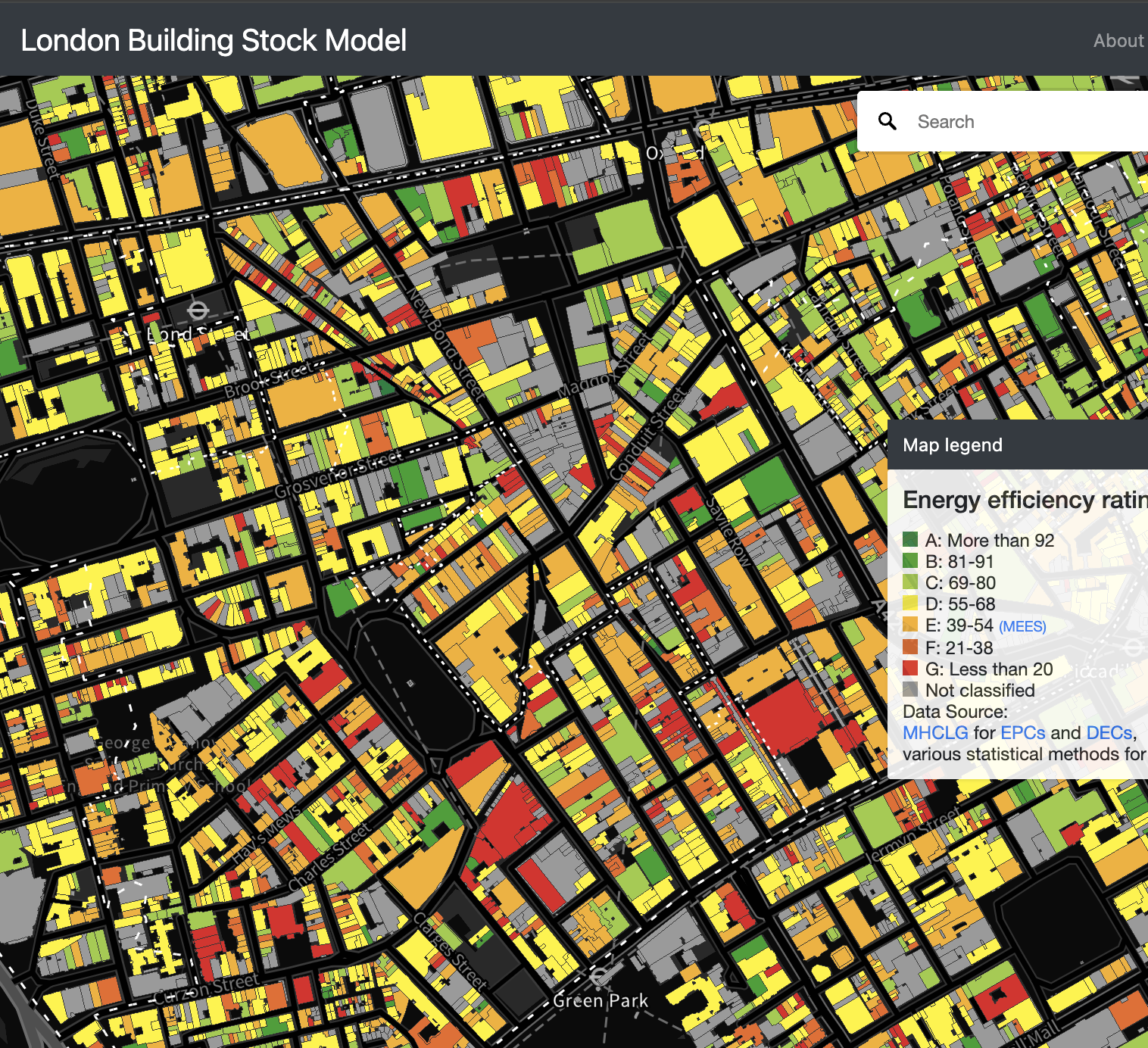 Color-coded map of London showing building stock model, with different colors representing energy efficiency ratings from more than 92 to less than 20.