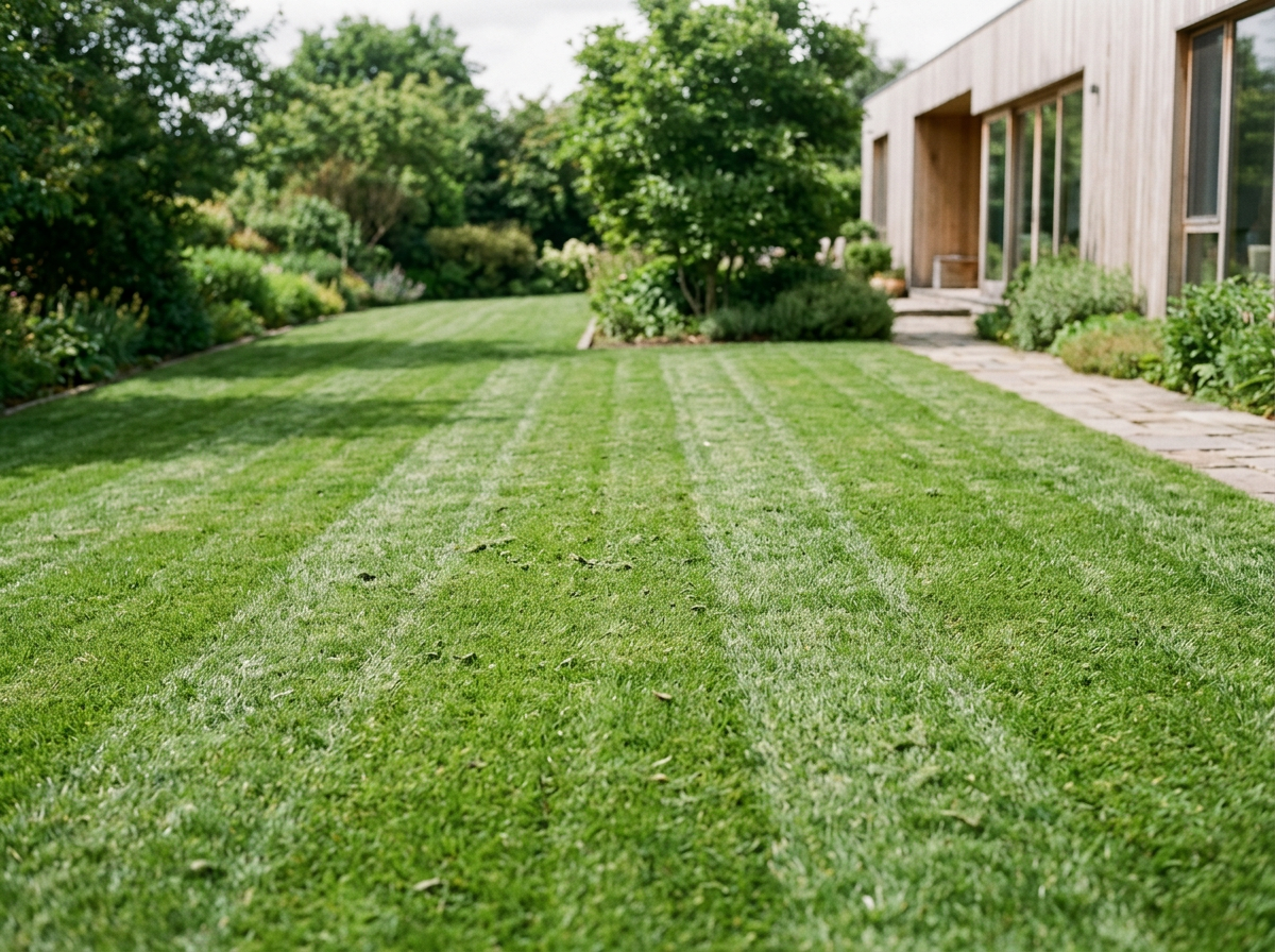 Well-maintained backyard lawn with freshly mowed grass and visible mowing lines, adjacent to a modern wooden house with large windows and a stone pathway.
