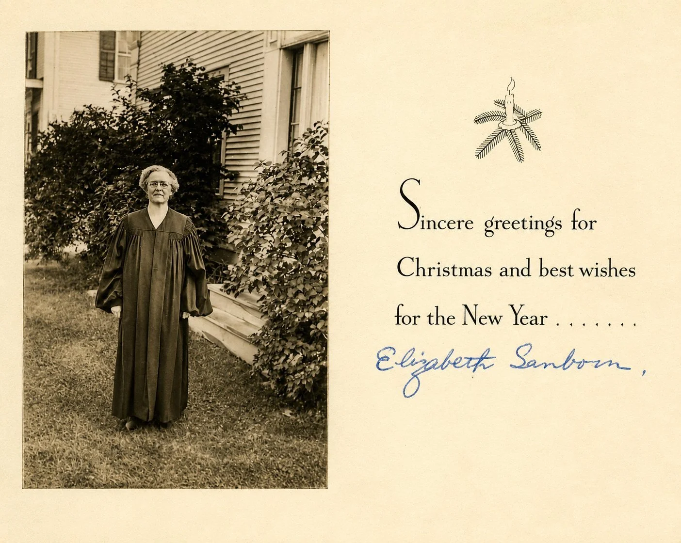Christmas card from Elizabeth Sanborn dressed in her clerical garb. She was the first female pastor of the Methodist Church in Thetford Center. Her service as pastor began c. 1957.