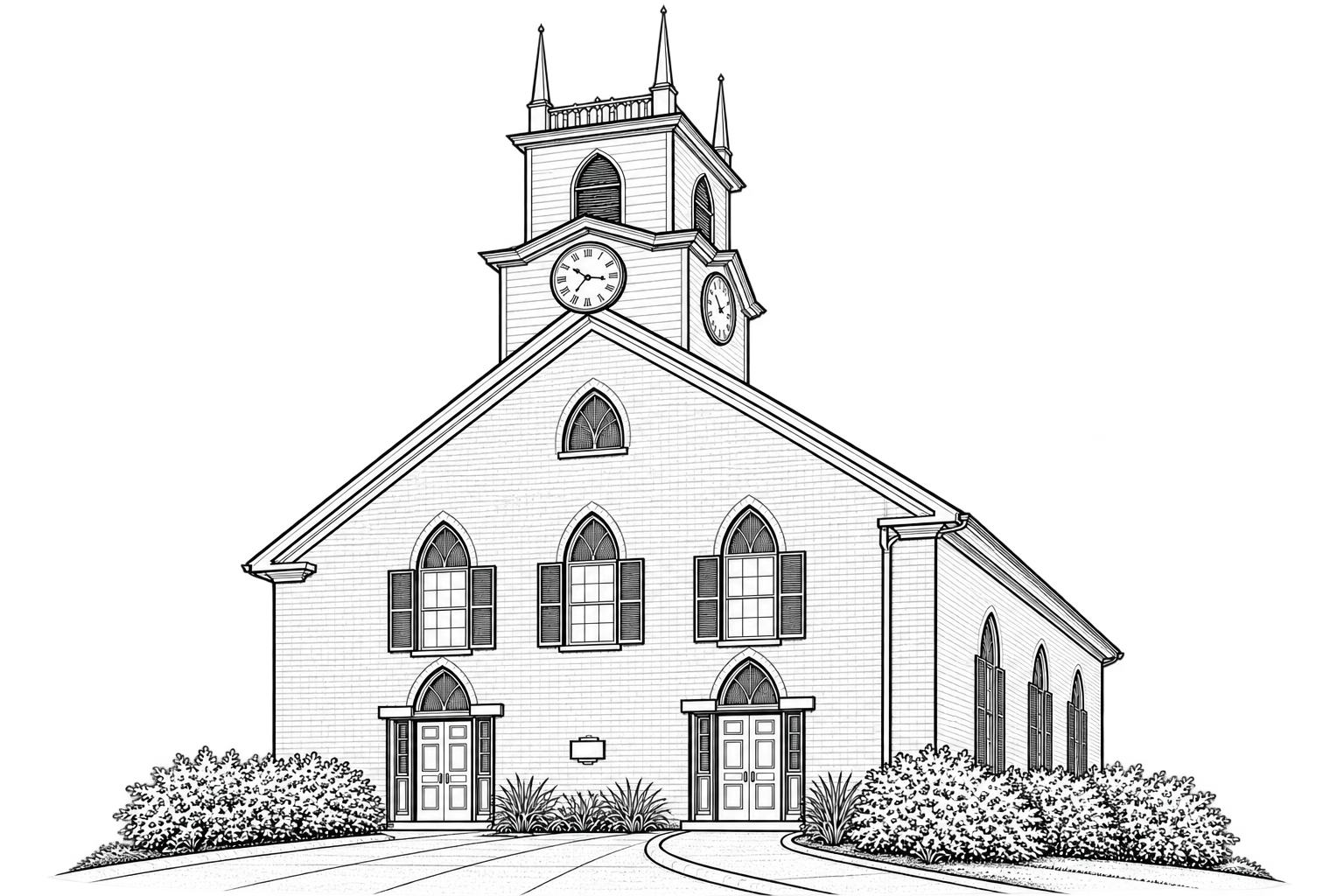 Black and white outline drawing of a Frost Center church building with a clock tower, arched windows, and a landscaped front with bushes and pathways.