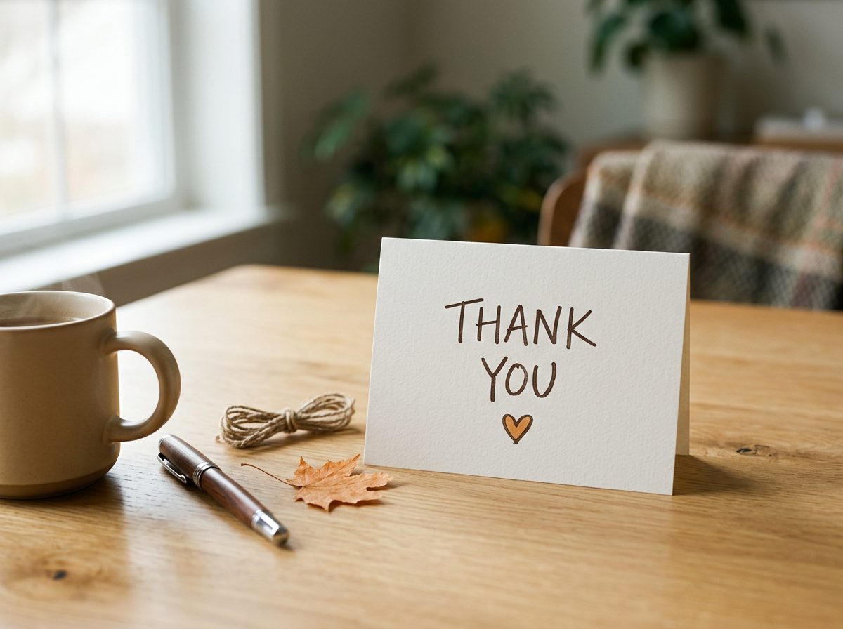 A thank you card with text and a small heart, placed on a wooden table with a pen, a cup, a skein of twine, a dried autumn leaf, and a blurred background of a window and potted plant.