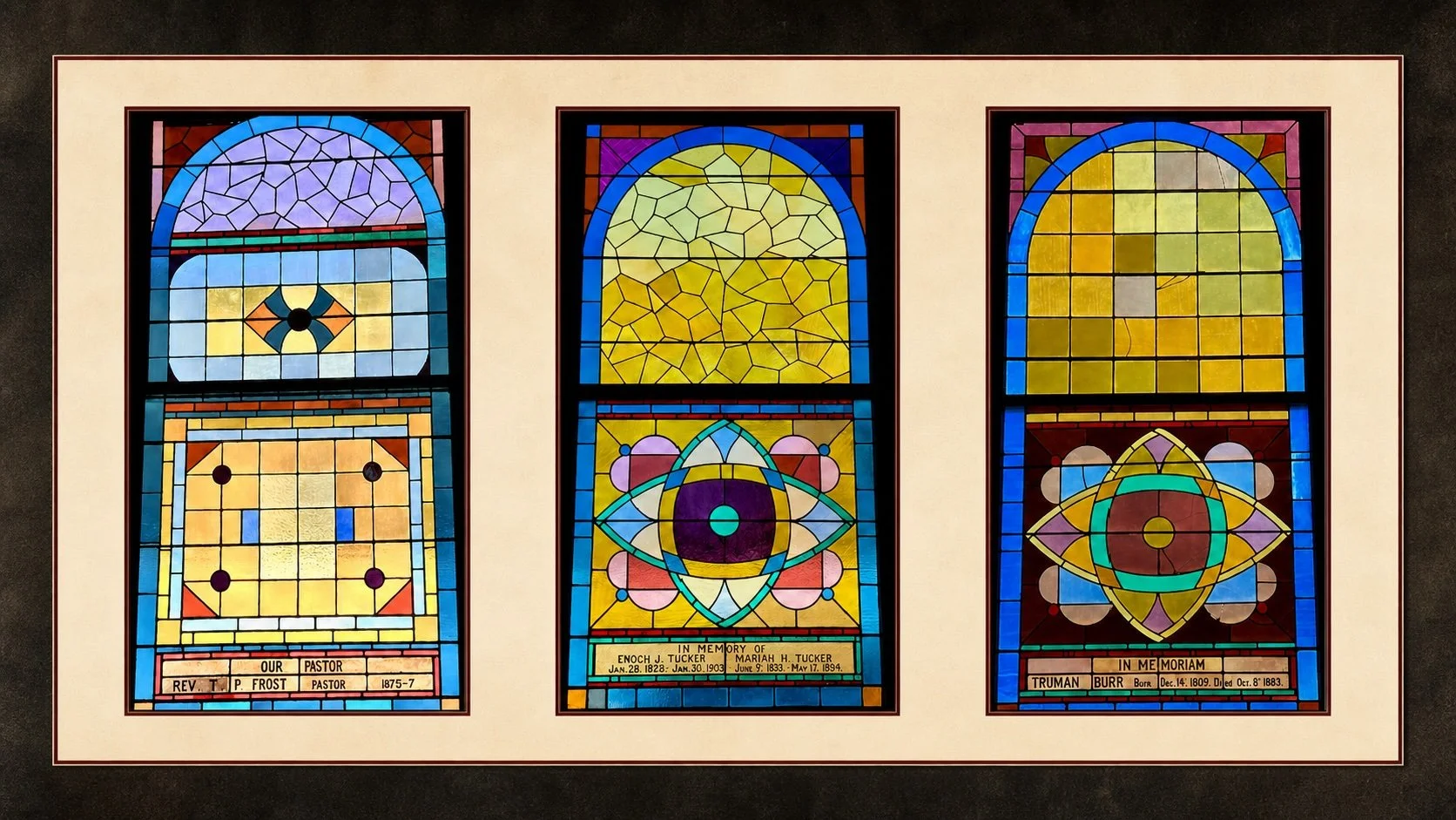 Stained glass windows later added to Thetford Center Church. Click the image to learn the story behind the windows in Sidenote. 