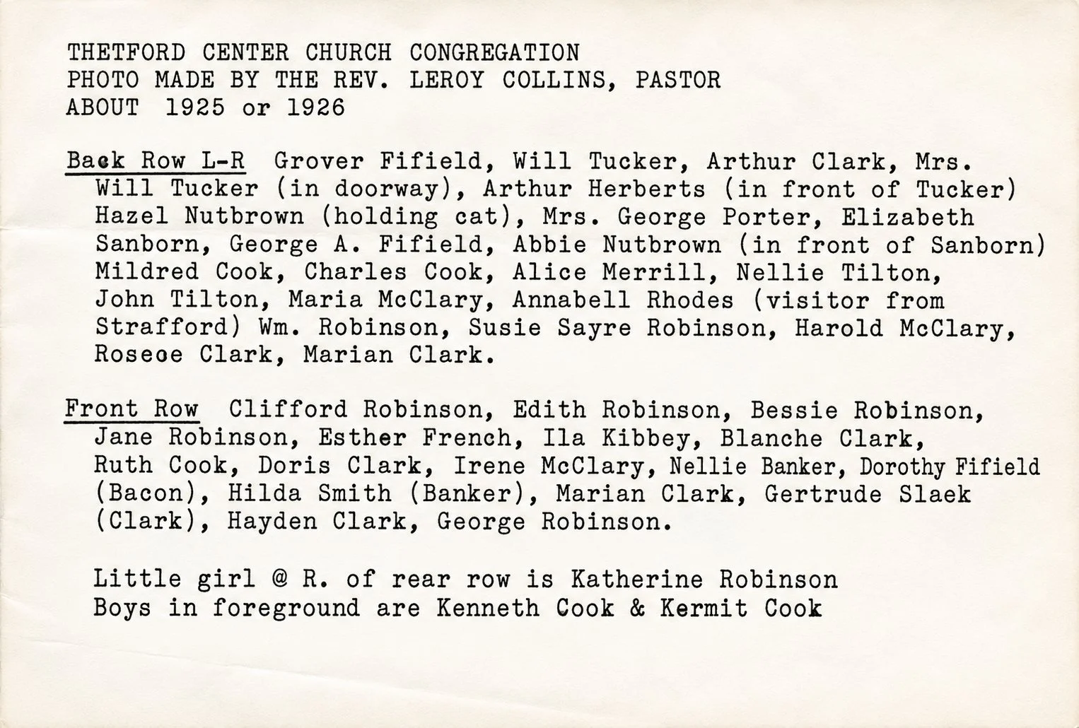 Identification of the Thetford Center Church congregation, c. 1925–26. Names of congregation members pictured in the accompanying photograph.