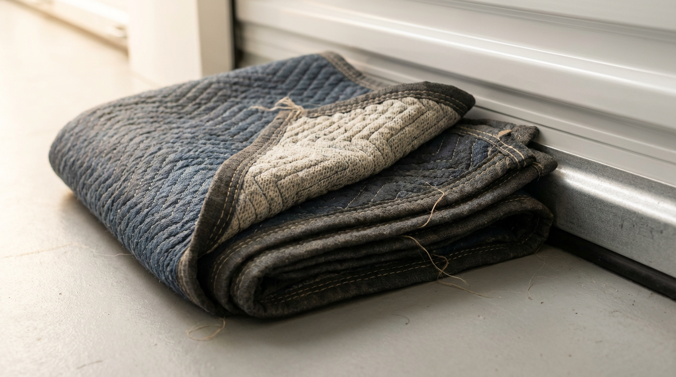 A pair of folded quilted fabric oven mitts or pot holders with a blue and gray color scheme resting on a light-colored floor next to a white wall or appliance.