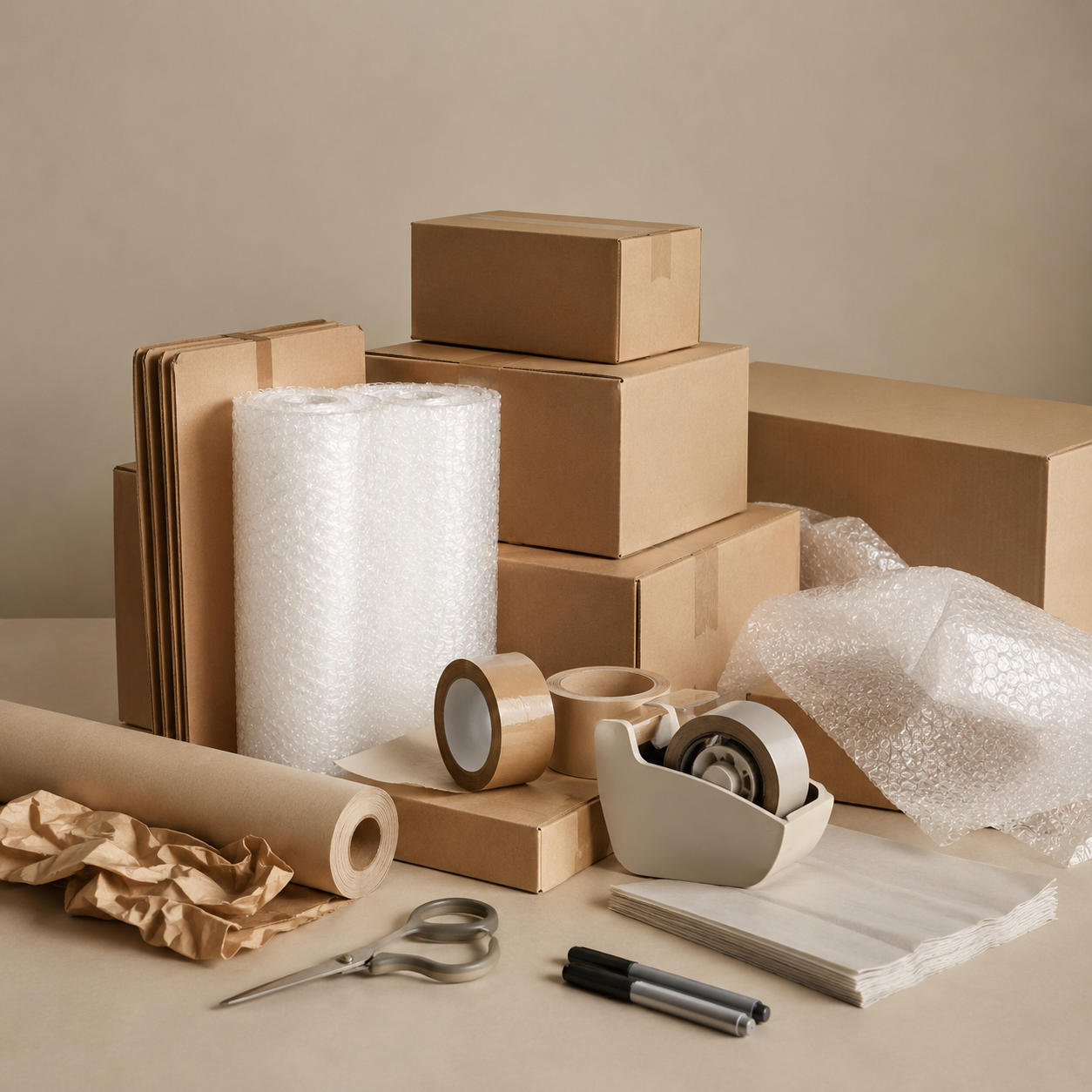 Various packing supplies including cardboard boxes, bubble wrap, packing tape, scissors, markers, and tissue paper on a table.