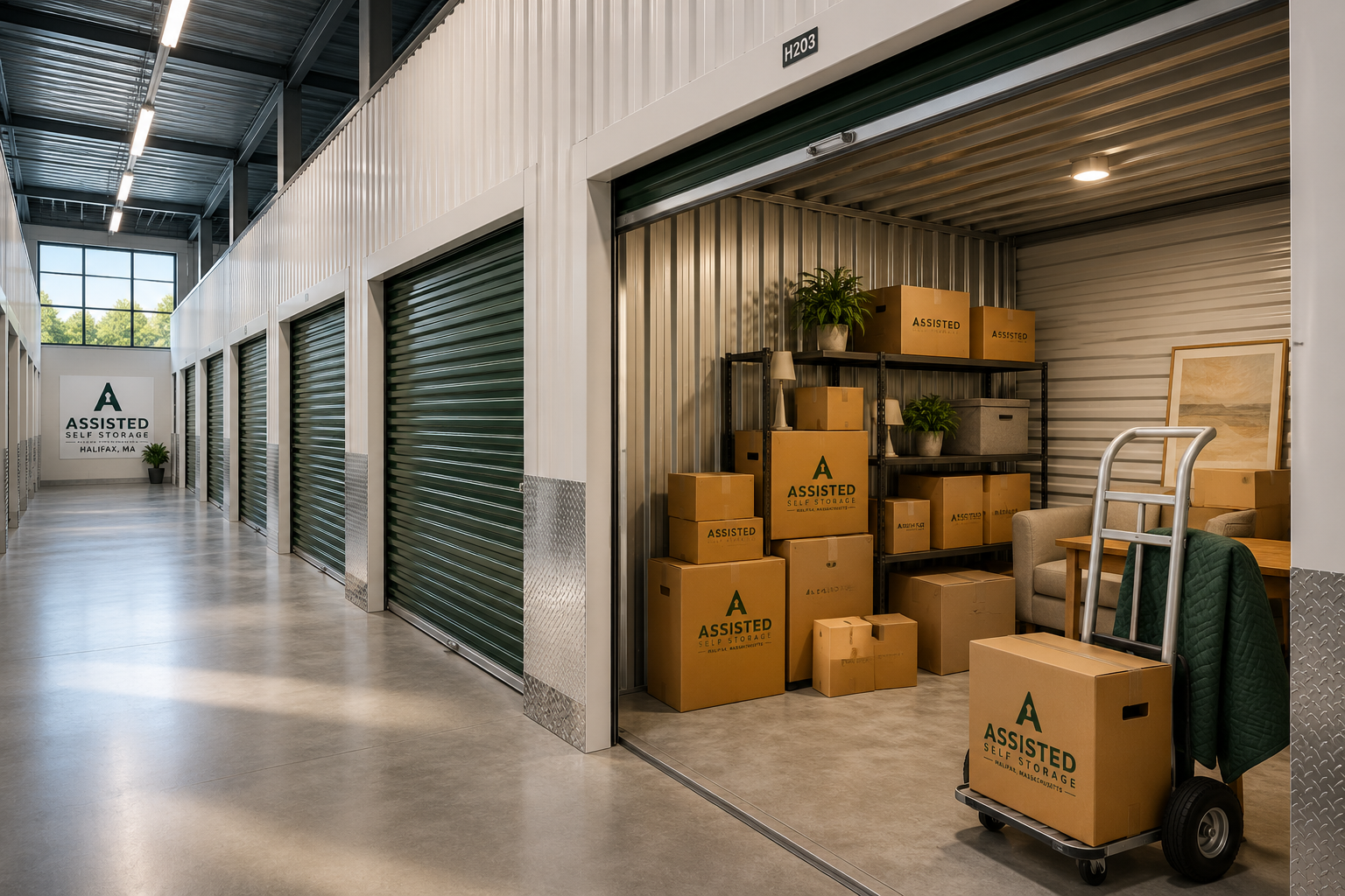 Interior of a self-storage facility with open storage unit filled with boxes and a cart, a sitting area with a couch and framed artwork, and storage units with closed roll-up doors.