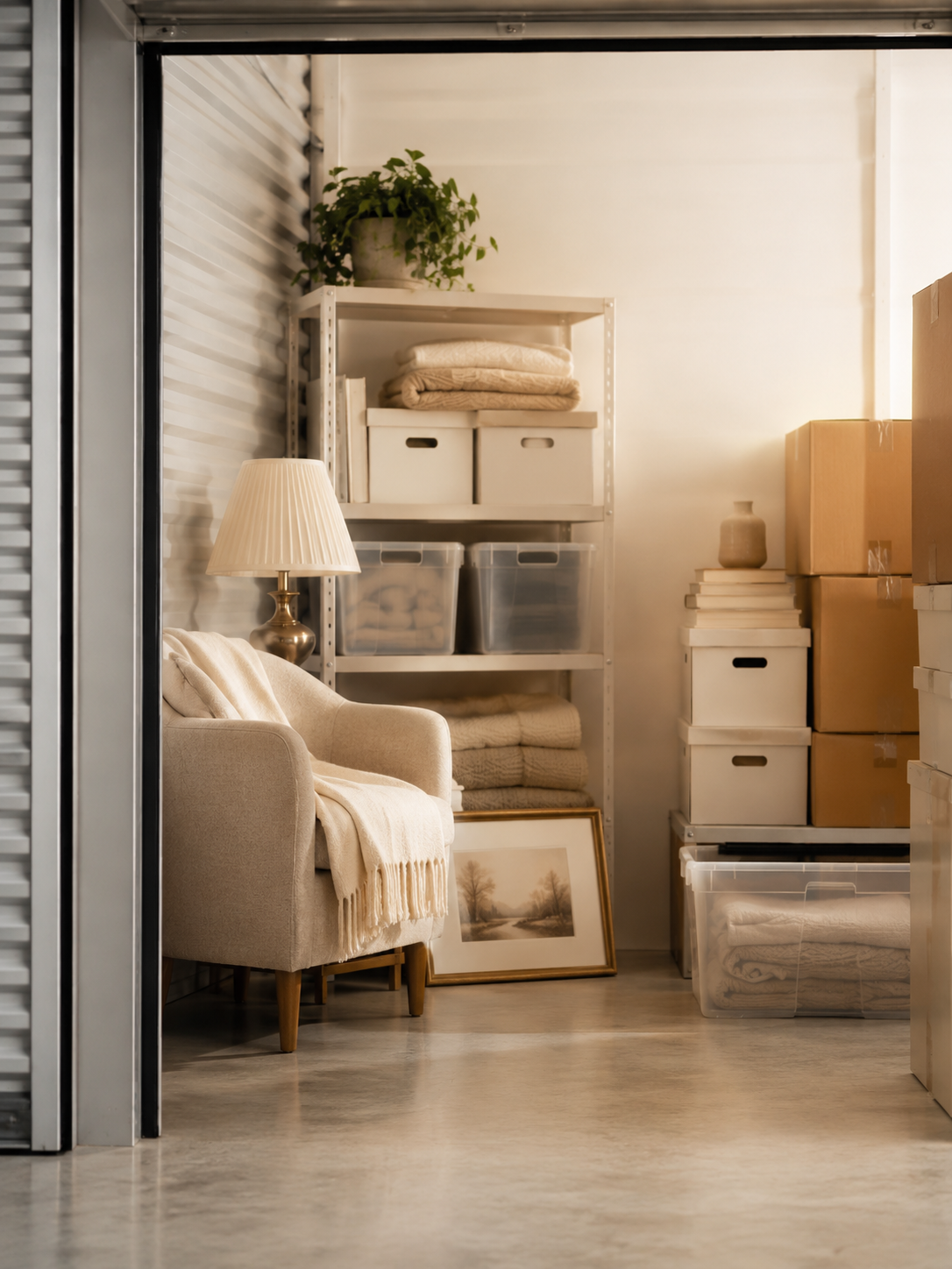 A cozy storage room with a cream armchair, a beige throw blanket, a table lamp, a framed landscape painting, and shelves filled with folded linens and storage boxes.