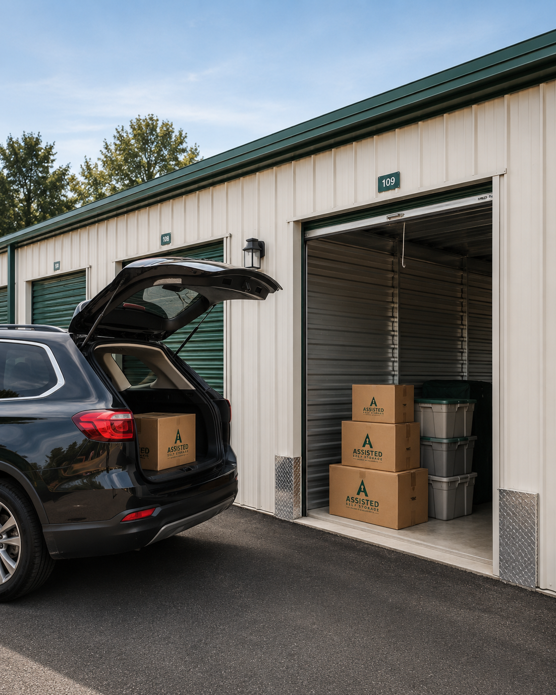 A black SUV with the trunk open, parked outside a self-storage unit with boxes and plastic bins inside. The storage units have green roll-up doors and numbered signs, with unit 109 visible.