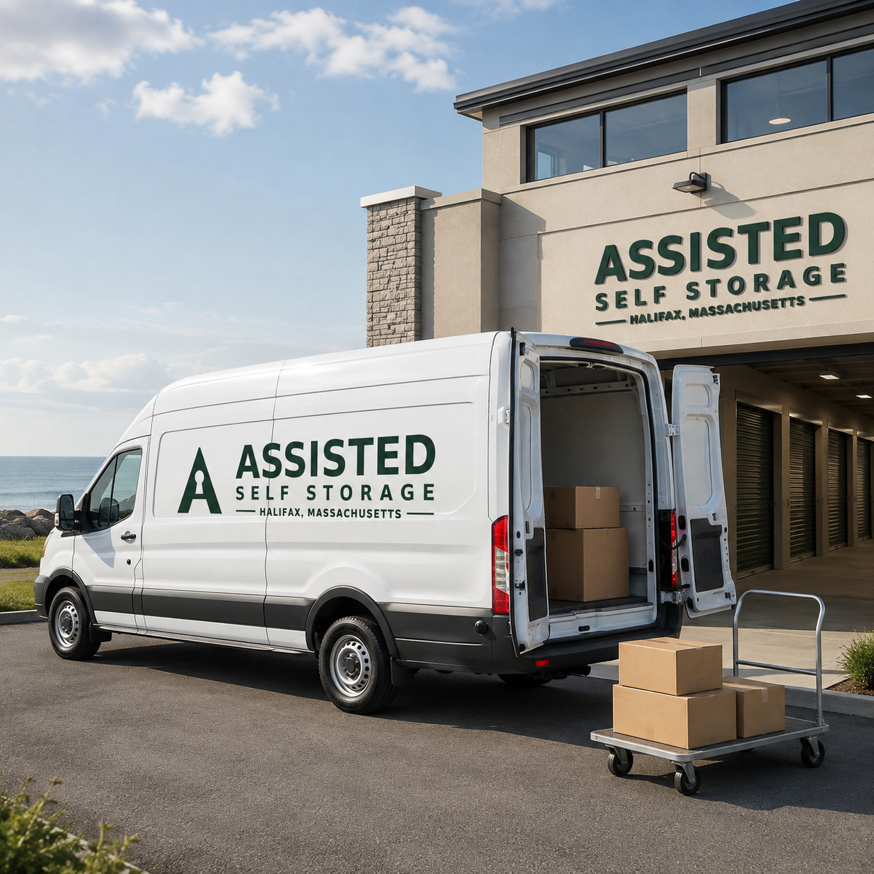 A white delivery van with 'Assisted Self Storage Halifax, Massachusetts' written on the side, parked outside a self-storage facility. The van's back doors are open, with a few boxes inside and a hand truck with boxed items next to it, in front of the storage unit complex.