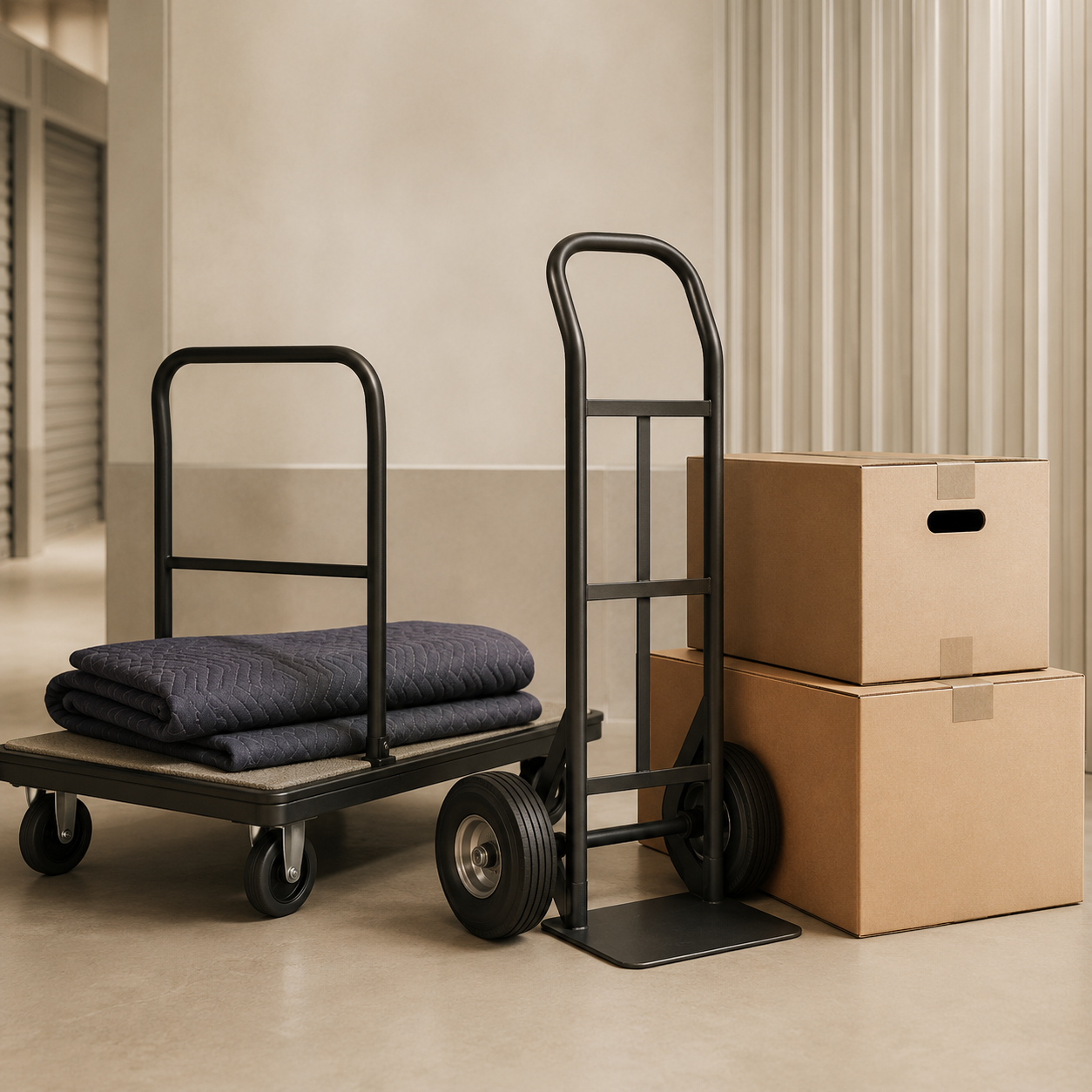 Moving carts with folded blankets and cardboard boxes in a storage area or hallway.