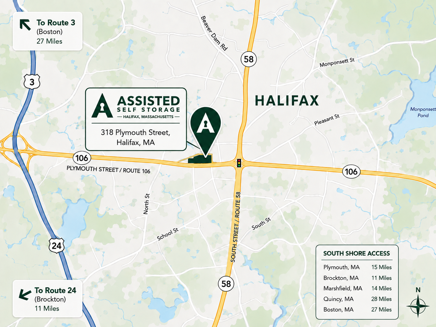 Map showing the location of Assisted Self Storage at 318 Plymouth Street in Halifax, Massachusetts. The map includes nearby roads, highways, and landmarks, with directions to Route 3 and Route 24, and notes South Shore access distances.