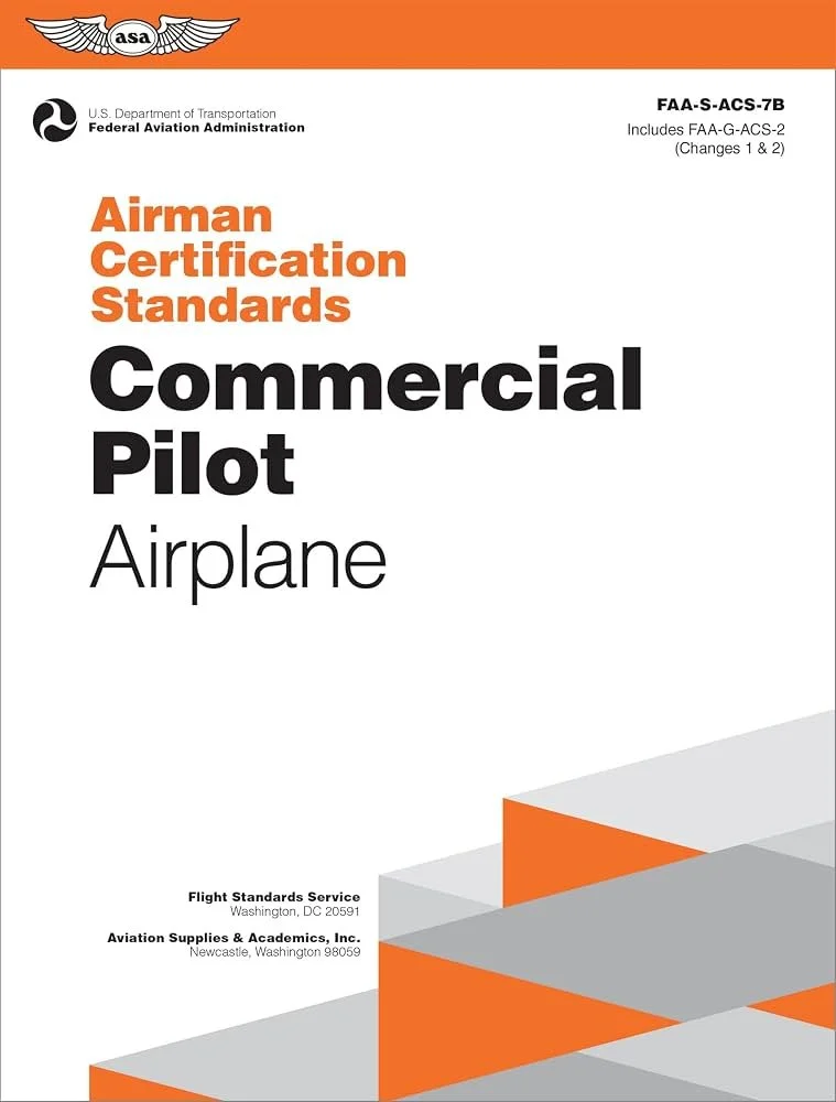 Cover page of the FAA Airman Certification Standards for Commercial Pilot Airplane, published by the U.S. Department of Transportation's Federal Aviation Administration, featuring orange, gray, and white geometric design elements.
