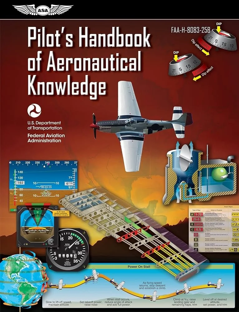 Cover of the Pilot's Handbook of Aeronautical Knowledge with an airplane, aircraft instruments, and technical diagrams on a red background.