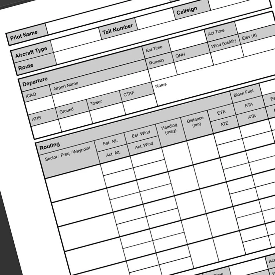 A printed aviation flight plan form with sections for pilot information, aircraft details, departure and routing, filled out with blank fields.