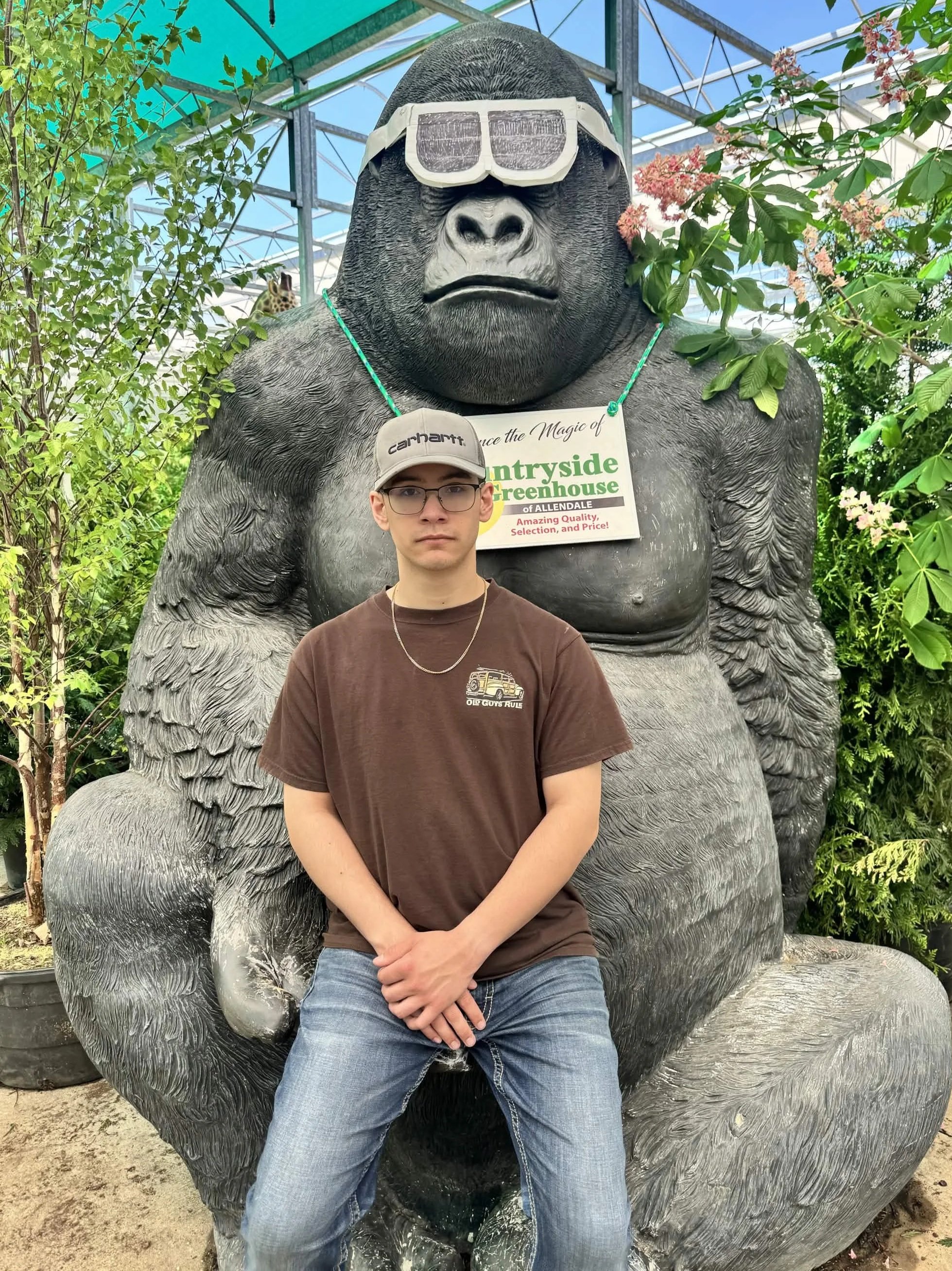 A young man with glasses and a baseball cap sitting on a gorilla statue at a greenhouse or botanical garden. The gorilla is wearing sunglasses and has a sign hanging around its neck that reads: 'Produce the Magic of Countryside Greenhouse of Allendale, Amazing Quality, Selection, and Price!' Surrounded by greenery and flowering plants.