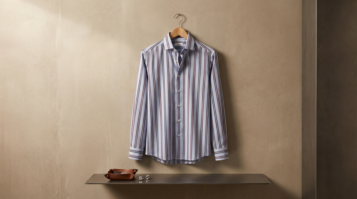A striped button-down shirt hanging on a wooden hanger on a beige wall. On a shelf below, there is a brown leather watch and a pair of earrings.